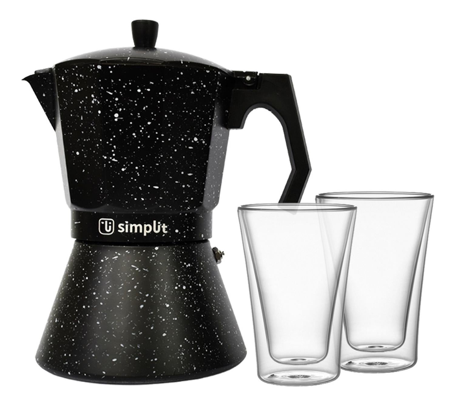 Pack Cafetera Italiana 12 Tazas + Set 2 Vasos Doble Pared 400 ml Simplit