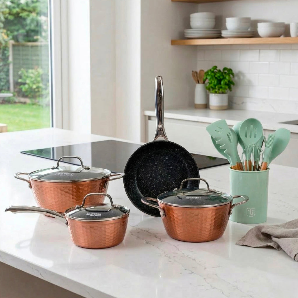 Batería Cocina Copper 7pzs + Set 12 Utensilios Calipso