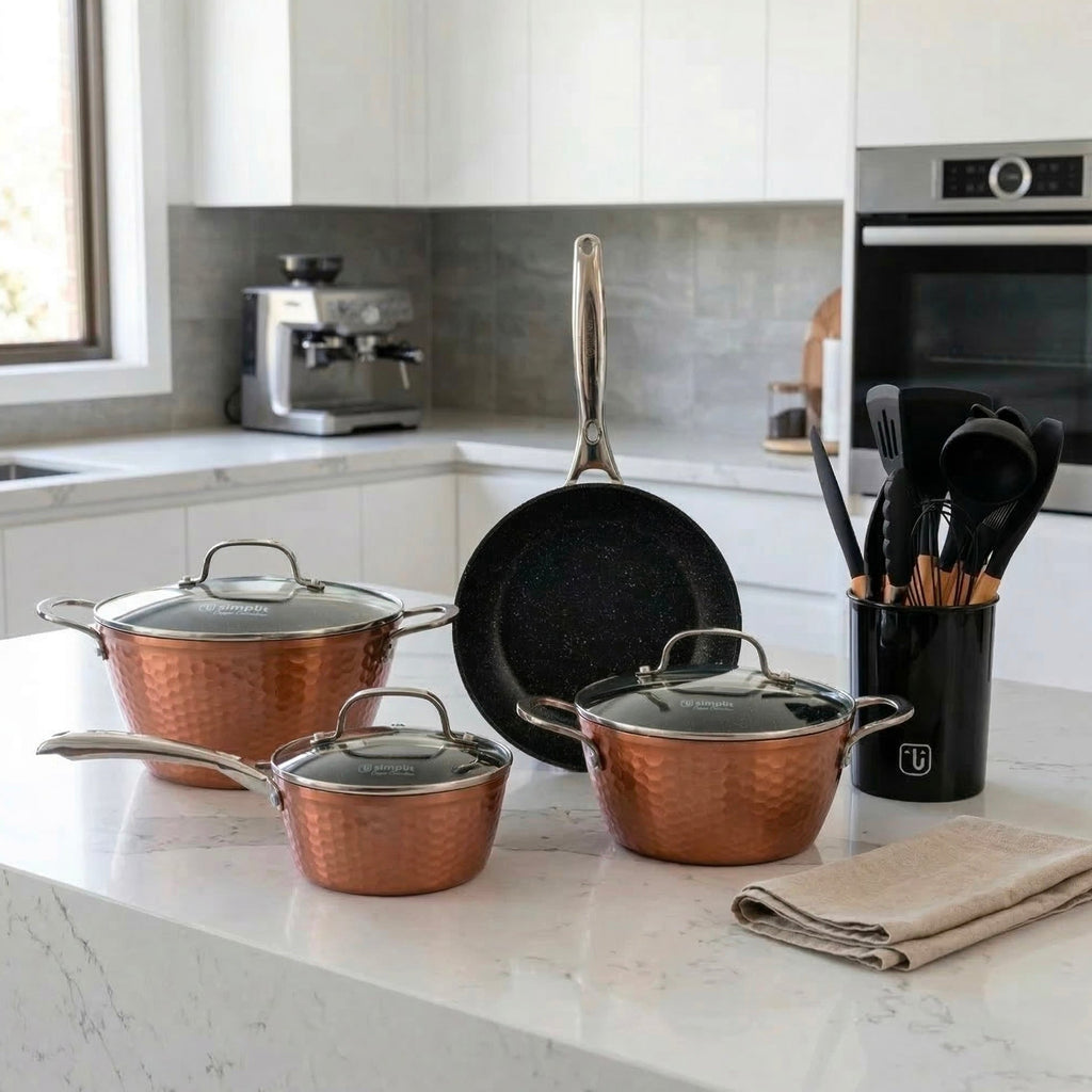 Batería Cocina Copper 7pzs + Set 12 Utensilios Negro Simplit
