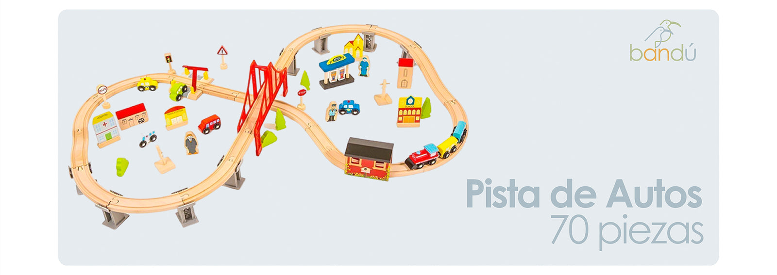 Pista de Autos y Tren de Madera Juego Didactico 70pcs Bandú