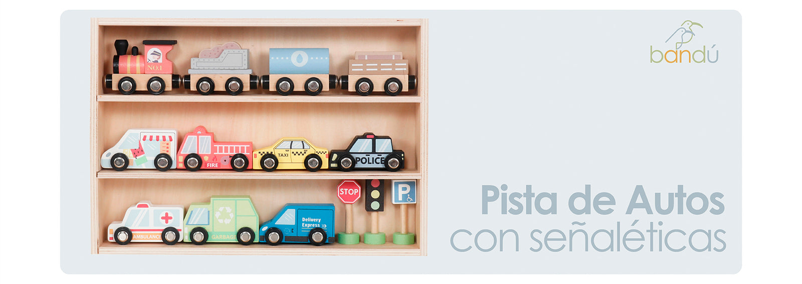 Set Autos de Juguete Tren Pista y Señaleticas Madera Bandú