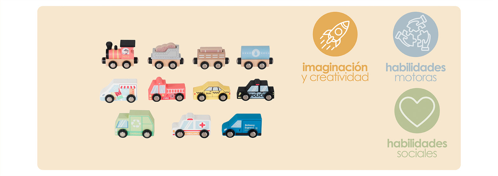 Set Autos de Juguete Tren Pista y Señaleticas Madera Bandú