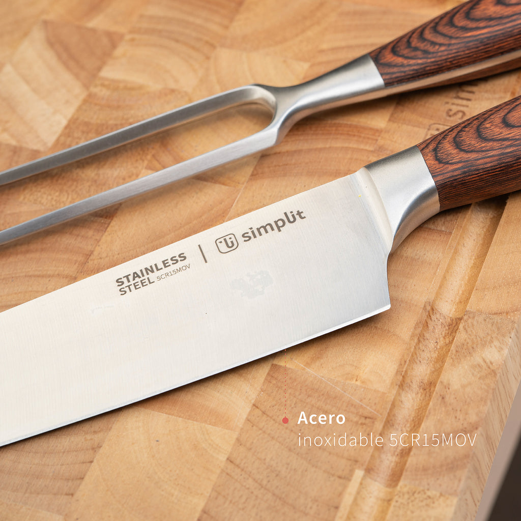 Simplit Set Parrillero Toledo cuchillo 21 cm y tenedor — detalle de la hoja de acero inoxidable 5Cr15MoV