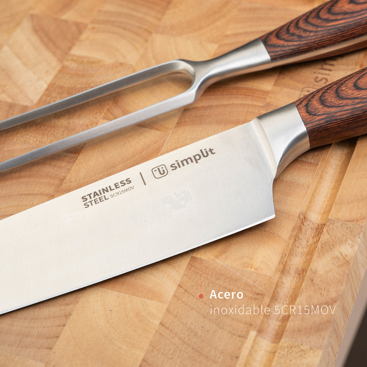 Simplit Set Parrillero Toledo cuchillo 21 cm y tenedor — detalle de la hoja de acero inoxidable 5Cr15MoV