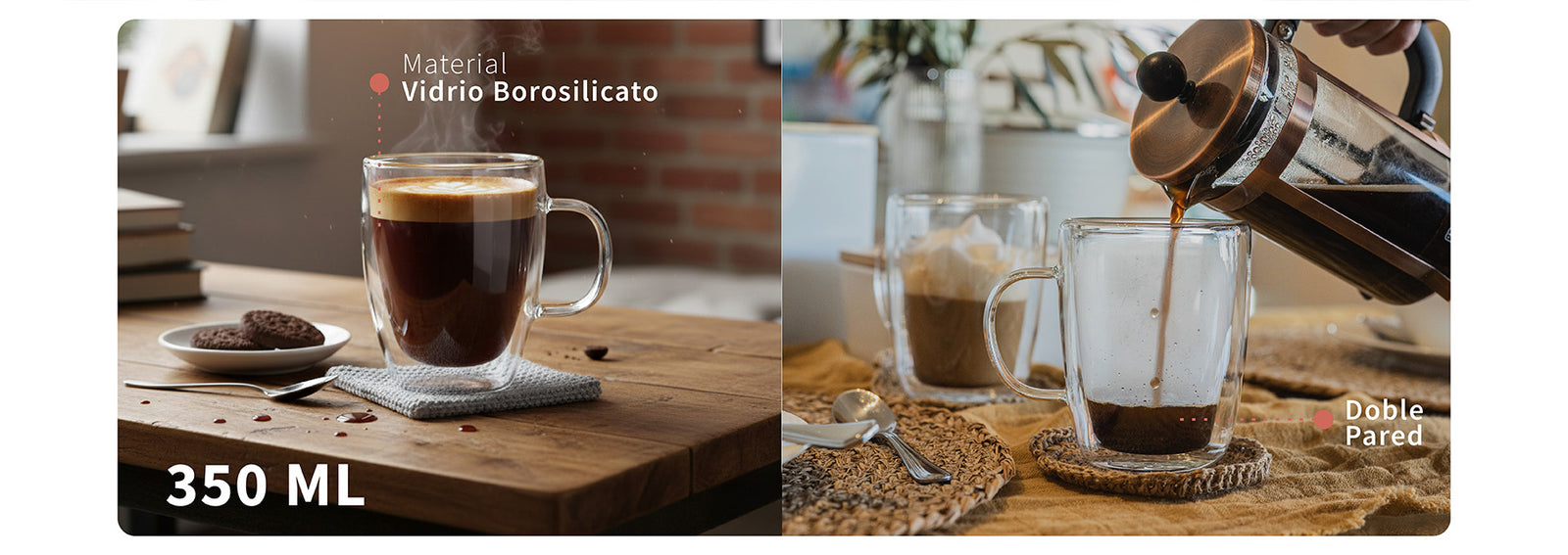 Set 4 Tazas de Vidrio Doble Pared 350 ml Simplit