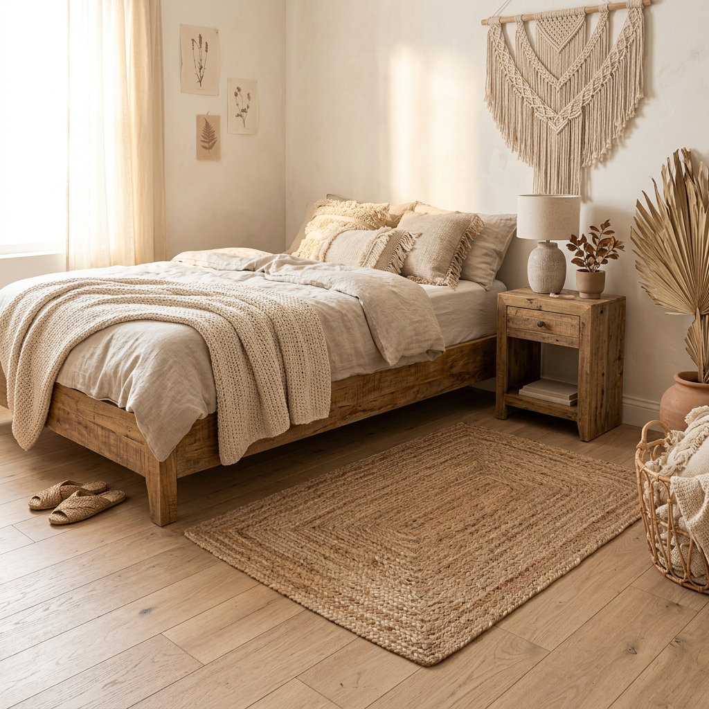 Alfombra Yute Natural 60x90cm en dormitorio escandinavo - Atmosphera Francia