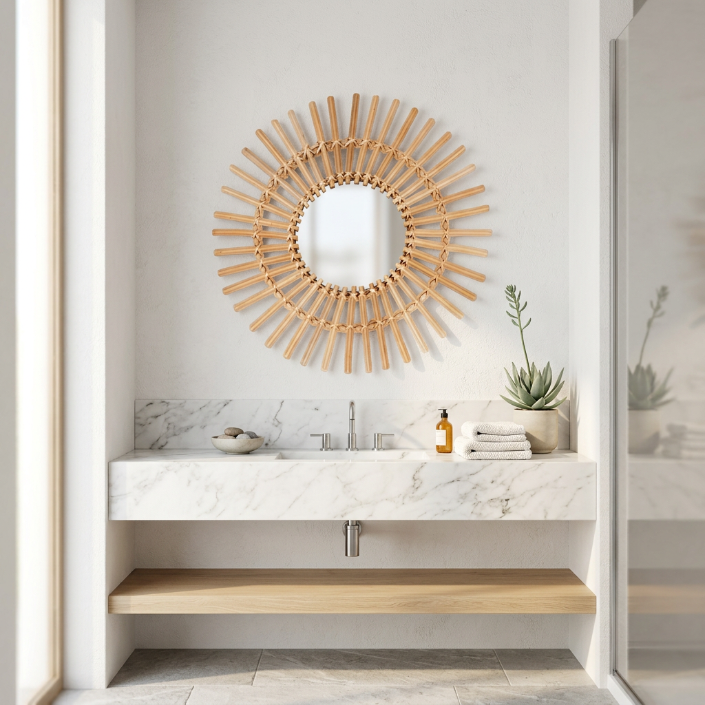 Espejo Jane Ratán 76cm ambiente baño minimalista Atmosphera