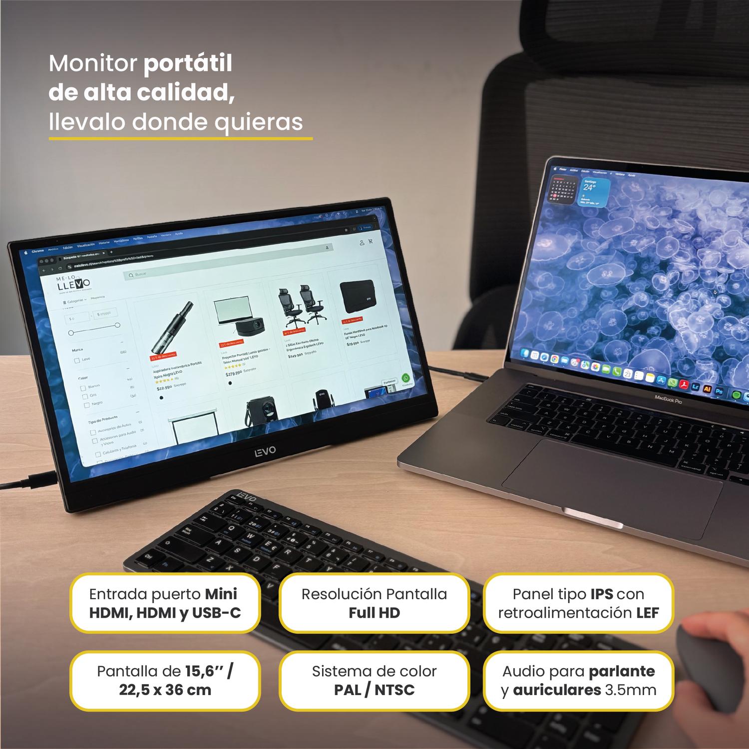 LEVO NexView 15.6 — múltiples ángulos de uso: horizontal y vertical