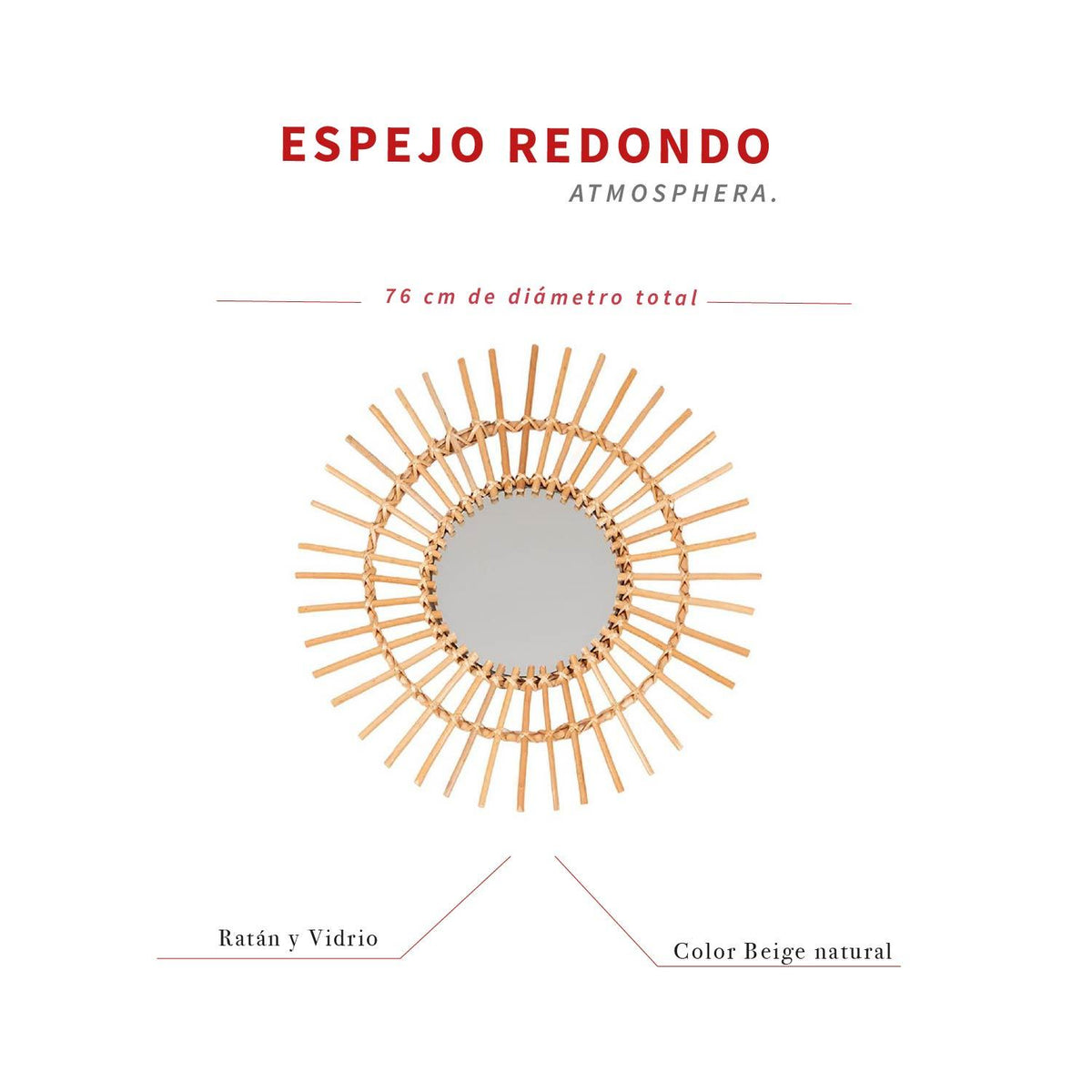 Espejo Redondo Decorativo Diseño Sol de Ratán Atmosphera — foto 11