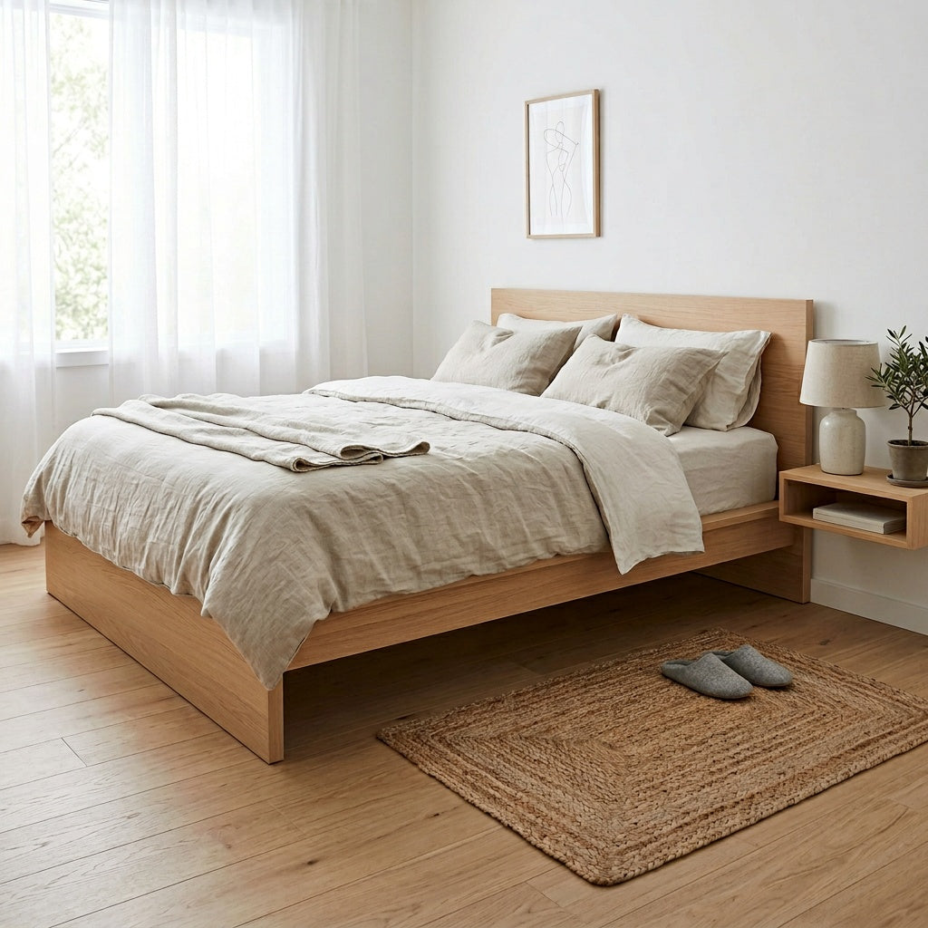 Alfombra Yute Natural 60x90cm en dormitorio con pantuflas — Atmosphera Francia