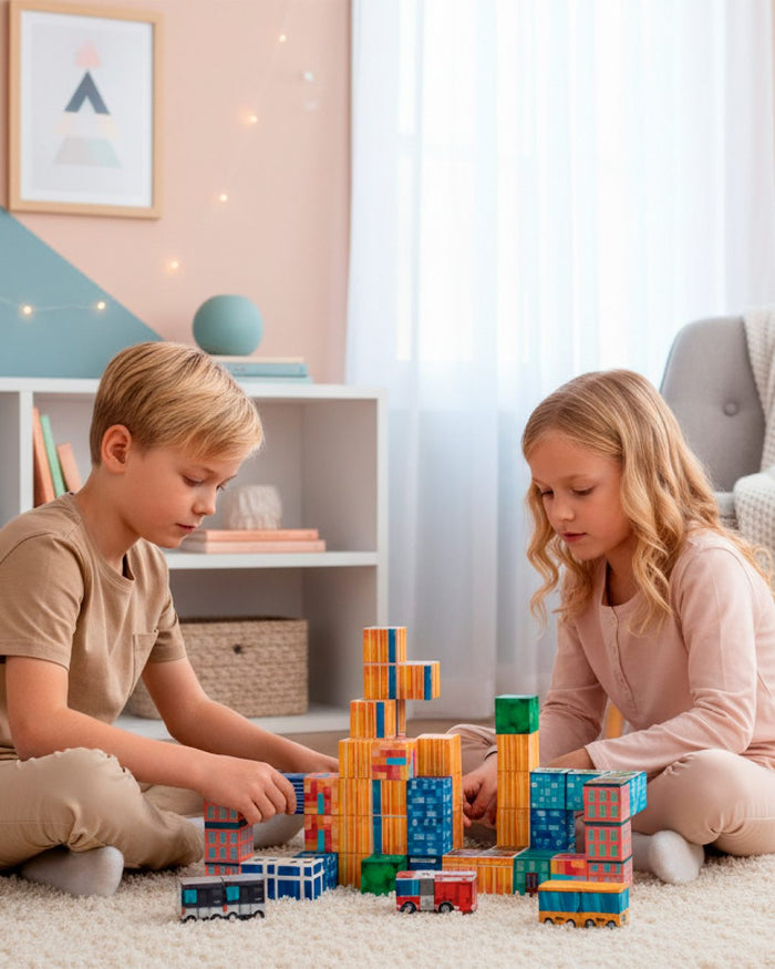 Ninos construyendo con bloques magneticos Bandu