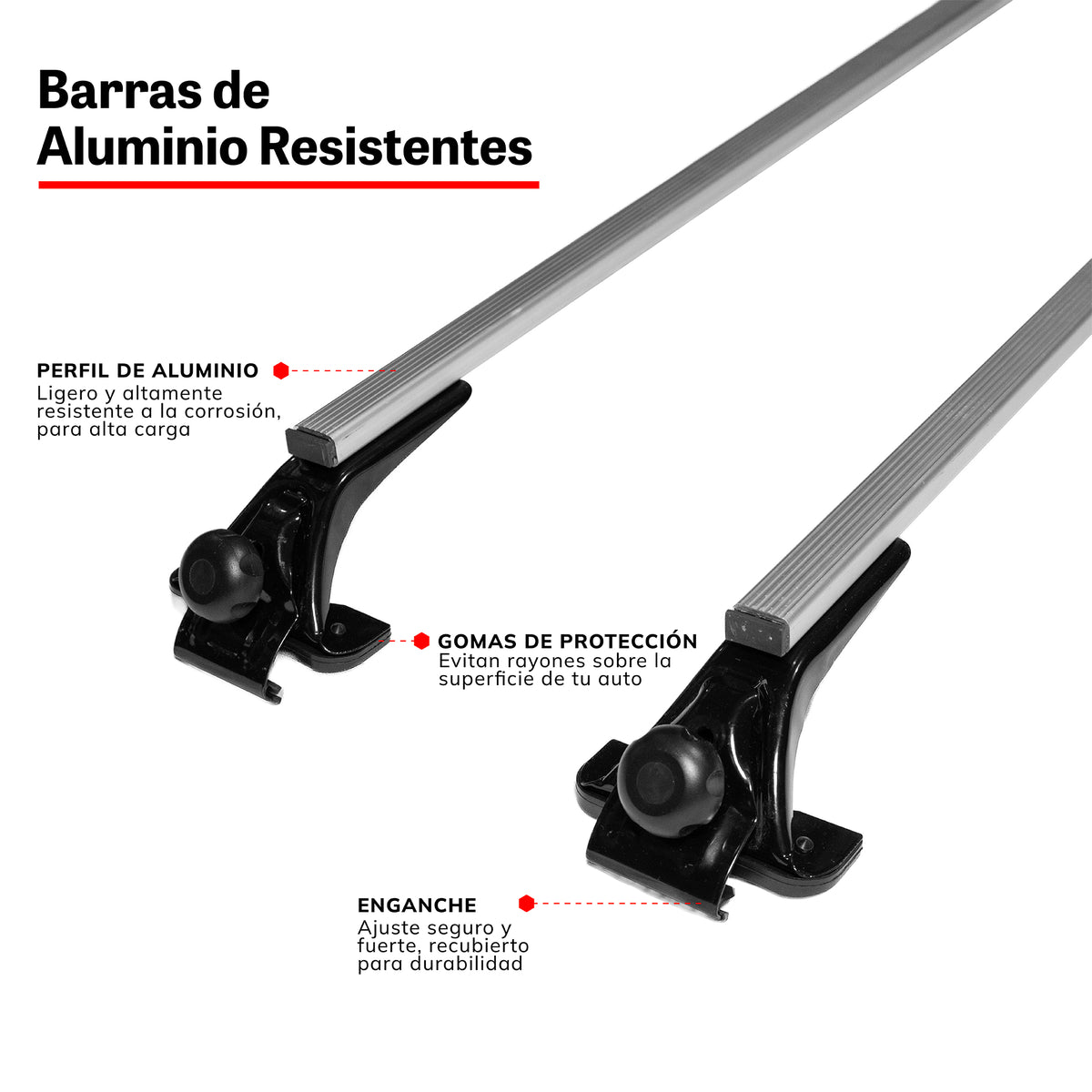 Detalle de las barras de aluminio Xcross: perfil de aluminio, gomas de protección y enganche