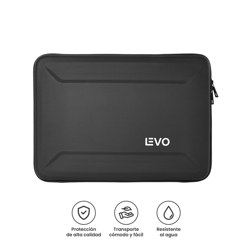 LEVO Funda HardShell 13 — detalle del logo LEVO en relieve y textura rígida
