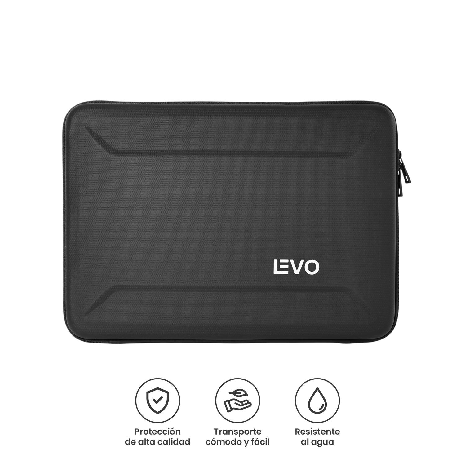 LEVO Funda HardShell 13 — detalle del logo LEVO en relieve y textura rígida