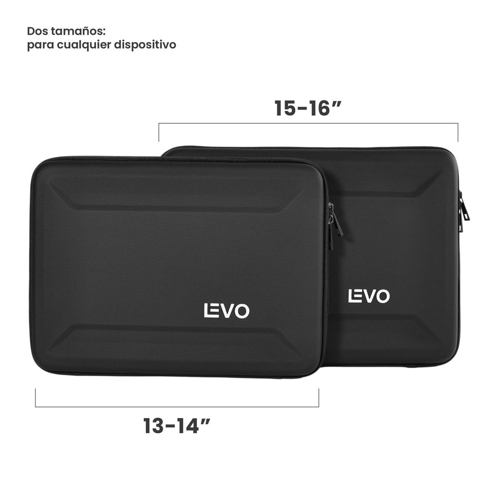 LEVO Funda HardShell 13-14 negro — infografía dimensiones y materiales