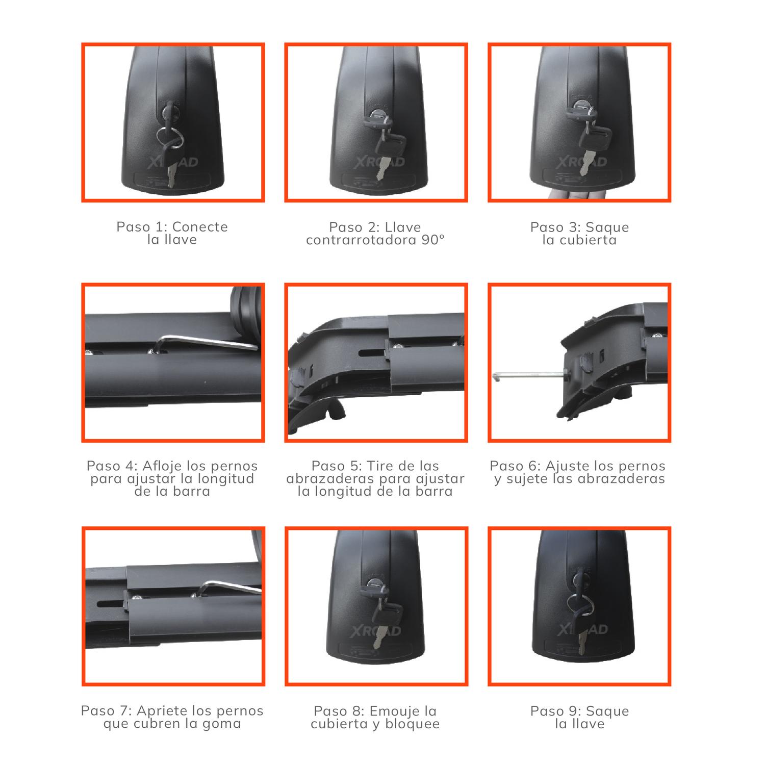 XRoad Barras R13 — detalle del sistema de cierre con llave y seguridad