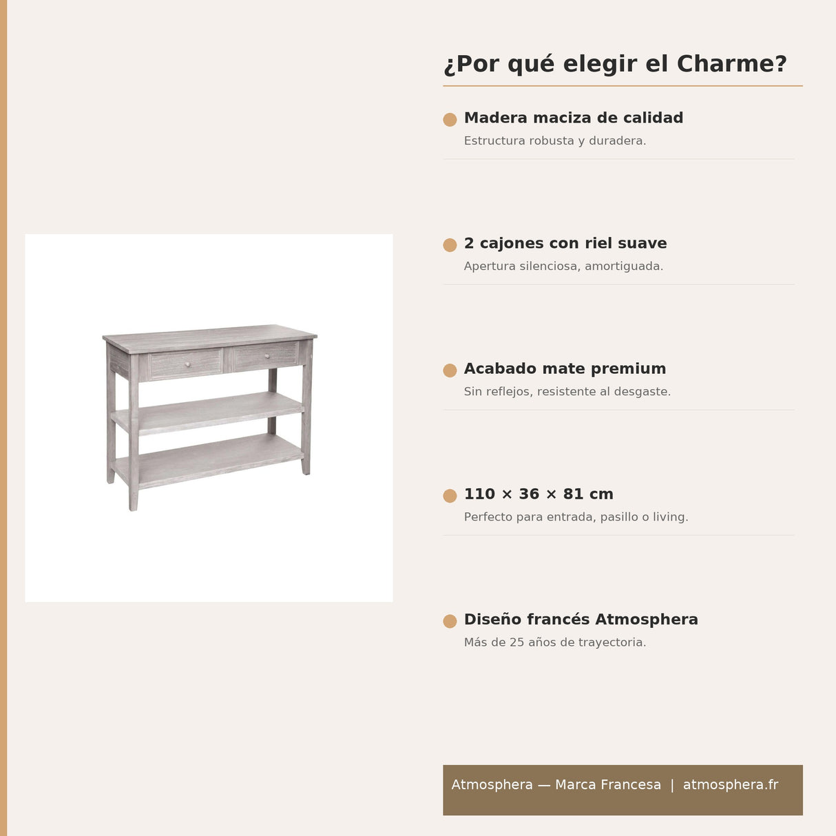 Arrimo 2 Cajones Charme L110cm características madera maciza cajones riel suave — Atmosphera