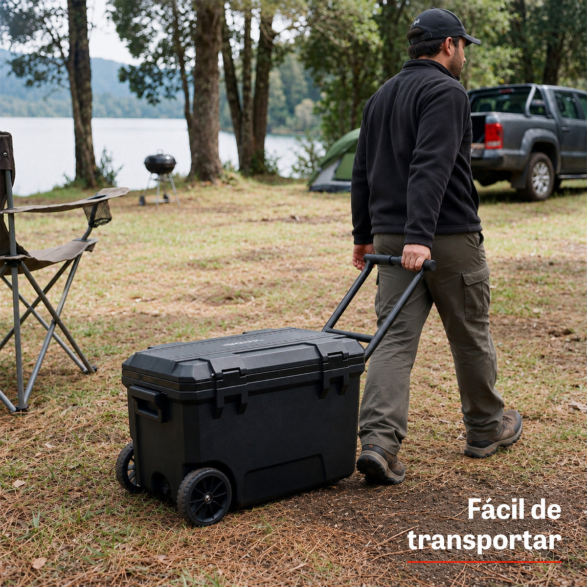 Cooler Xroad 50L: fácil de transportar con su manilla tipo trolley y ruedas