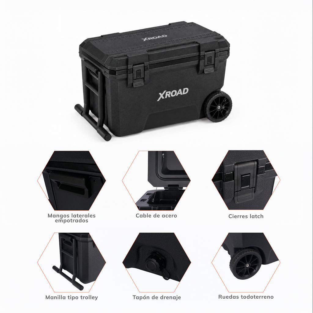 Cooler Xroad 50L: mangos empotrados, cable de acero, cierres latch, manilla trolley, tapón de drenaje y ruedas todoterreno