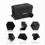Cooler Xroad 50L: mangos empotrados, cable de acero, cierres latch, manilla trolley, tapón de drenaje y ruedas todoterreno