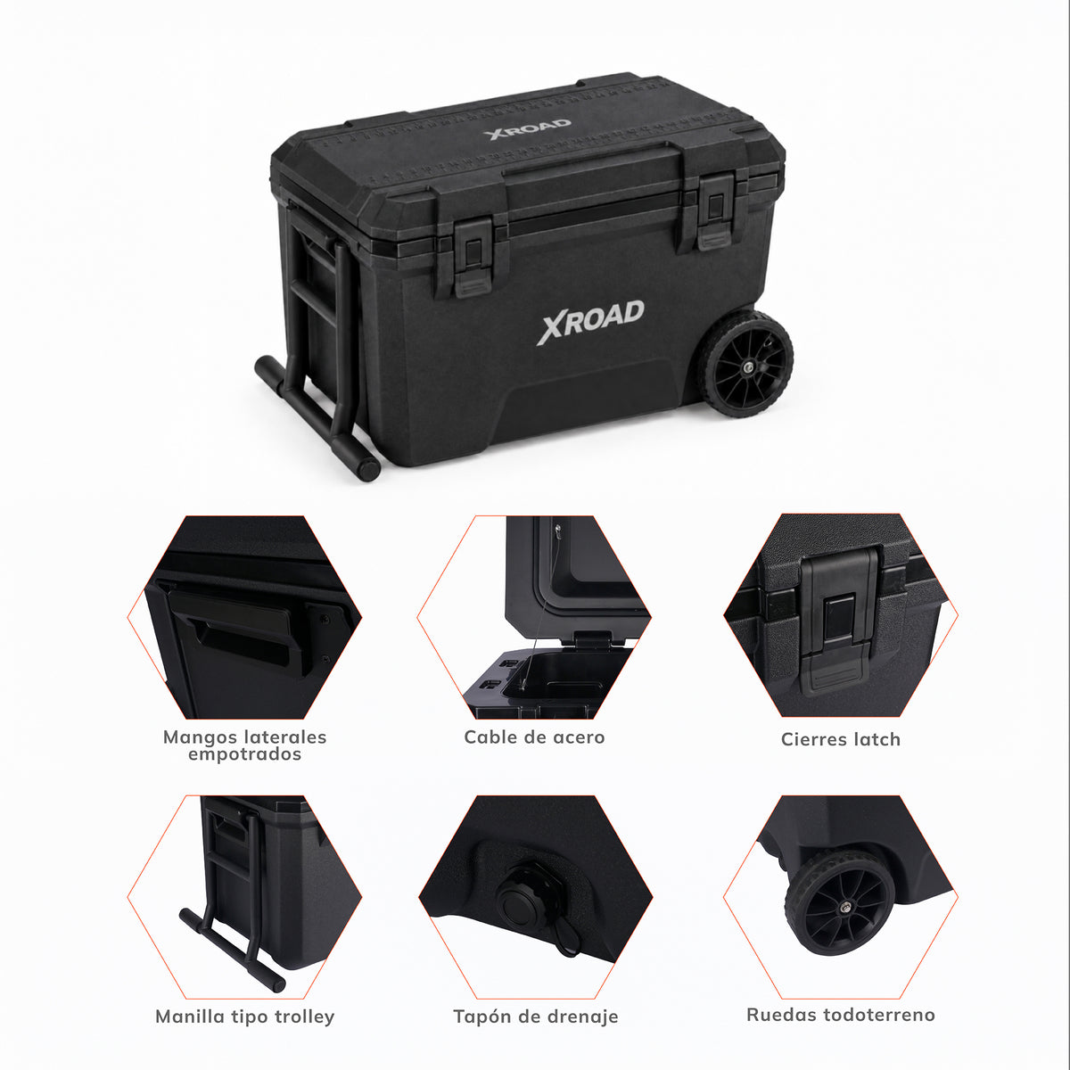 Cooler Xroad 50L: mangos empotrados, cable de acero, cierres latch, manilla trolley, tapón de drenaje y ruedas todoterreno