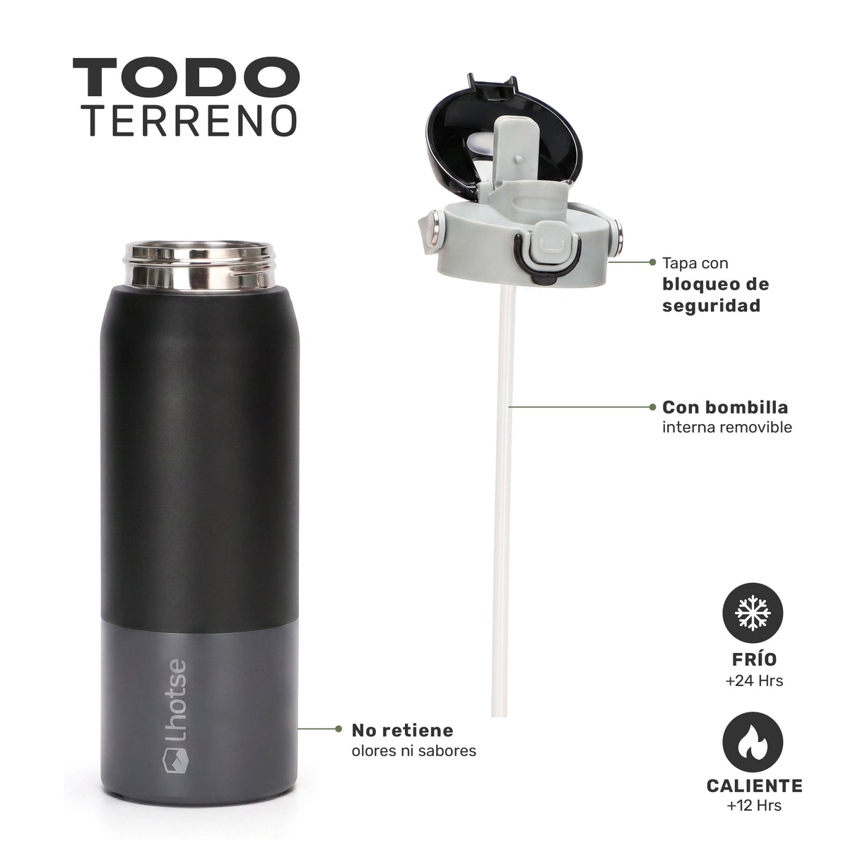 Pack 2 Botellas Térmicas Hydrotek 750 ml de acero inoxidable Lhotse, detalle de la tapa con bloqueo de seguridad y la bombilla interna removible