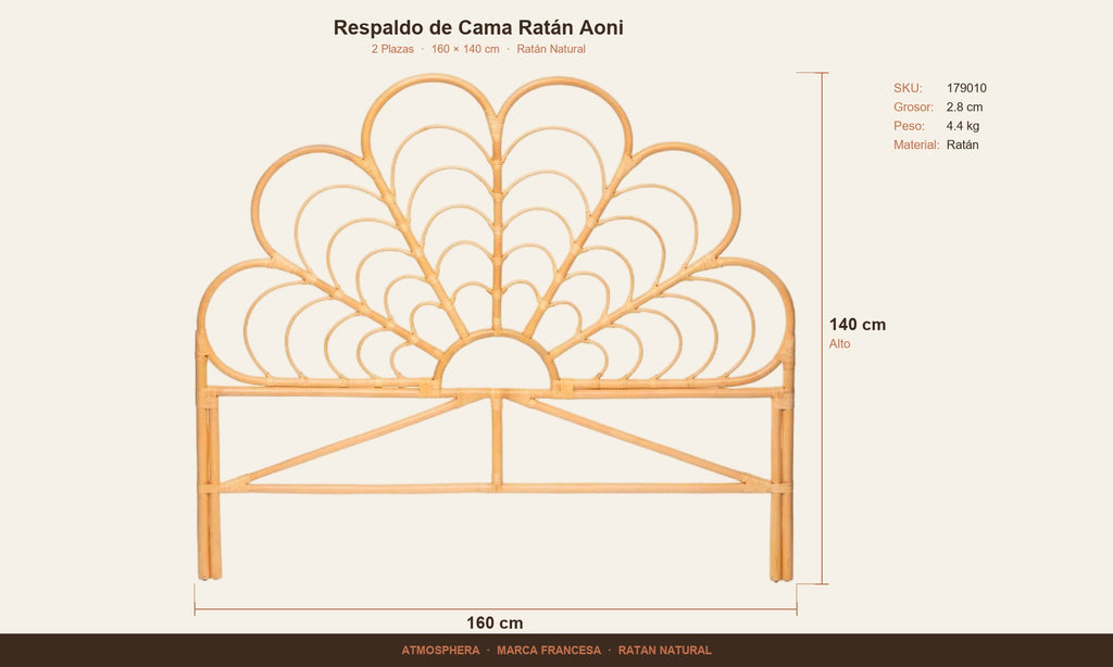 Respaldo de Cama Ratán Aoni 2 Plazas — Dimensiones 160×140 cm