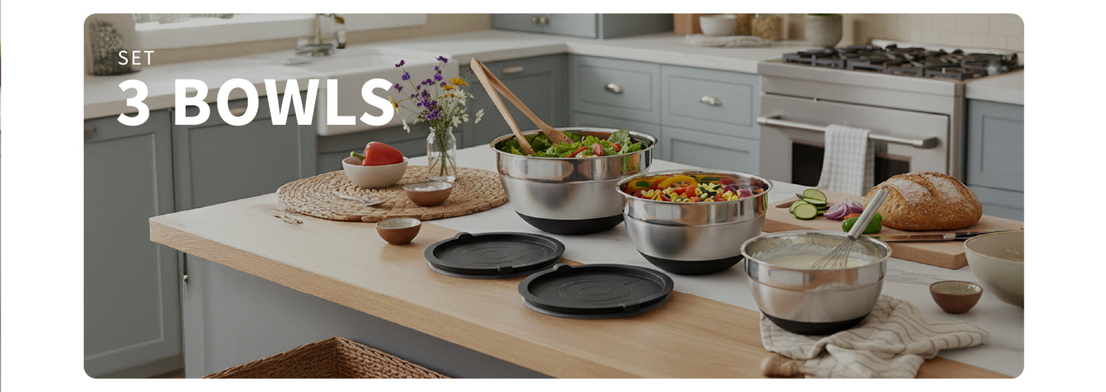Set 3 Bowls con Tapa Acero Inoxidable Antideslizante Simplit