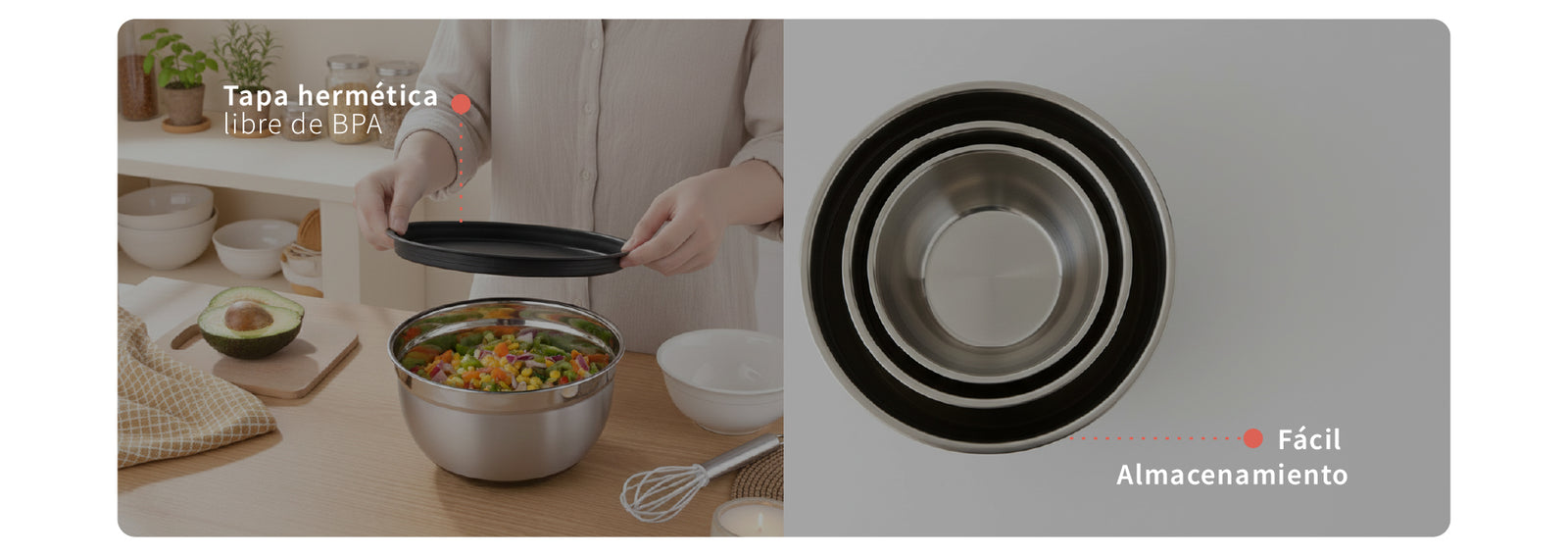Set 3 Bowls con Tapa Acero Inoxidable Antideslizante Simplit