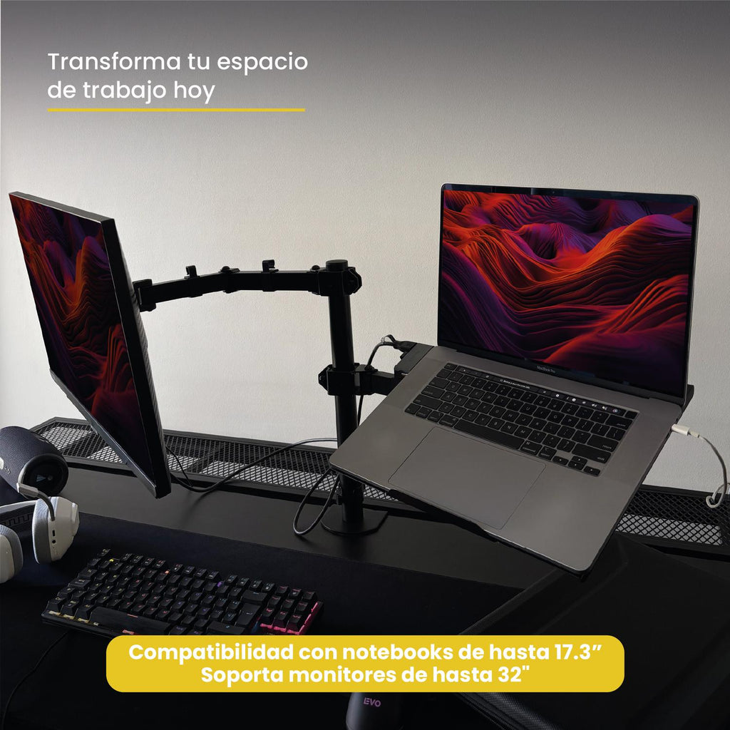 LEVO Brazo Doble — detalle de la articulación con rango de movimiento de 360°