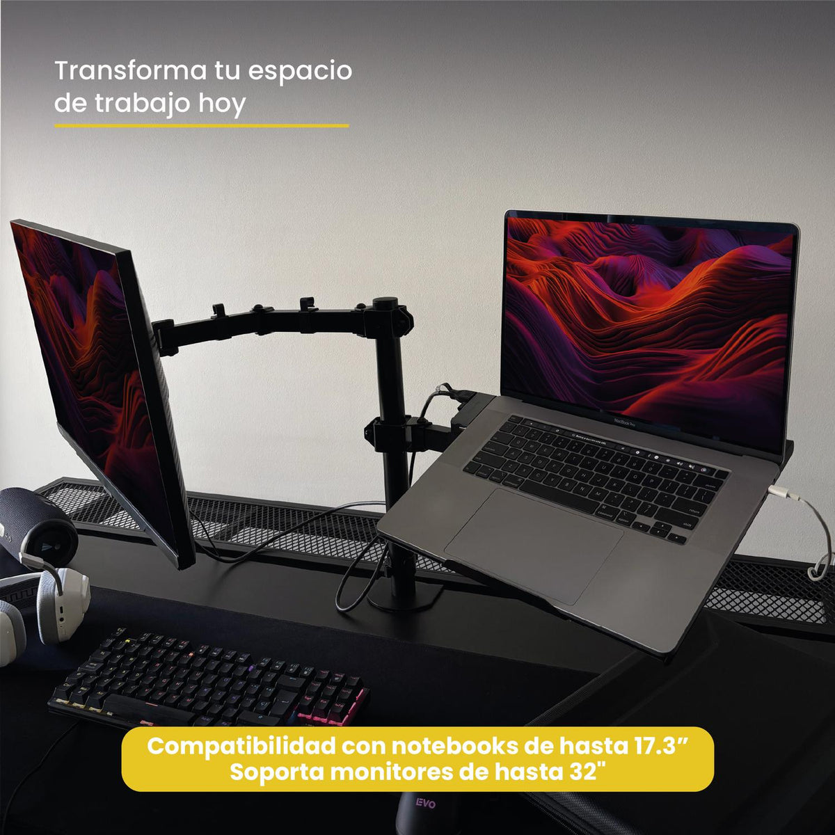 LEVO Brazo Doble — detalle de la articulación con rango de movimiento de 360°