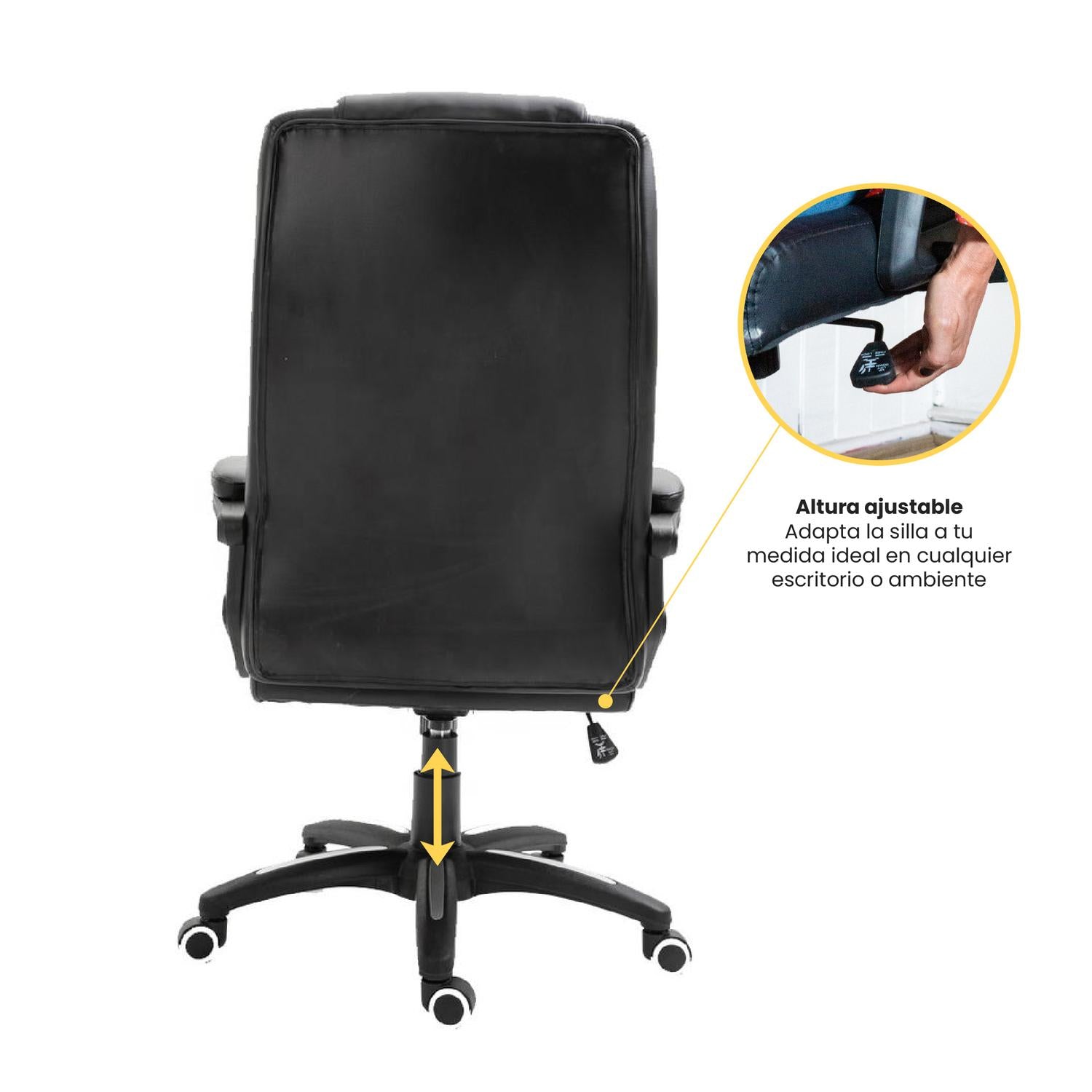 LEVO Silla Comfort — infografía: reclinable, apoyacabezas, altura ajustable