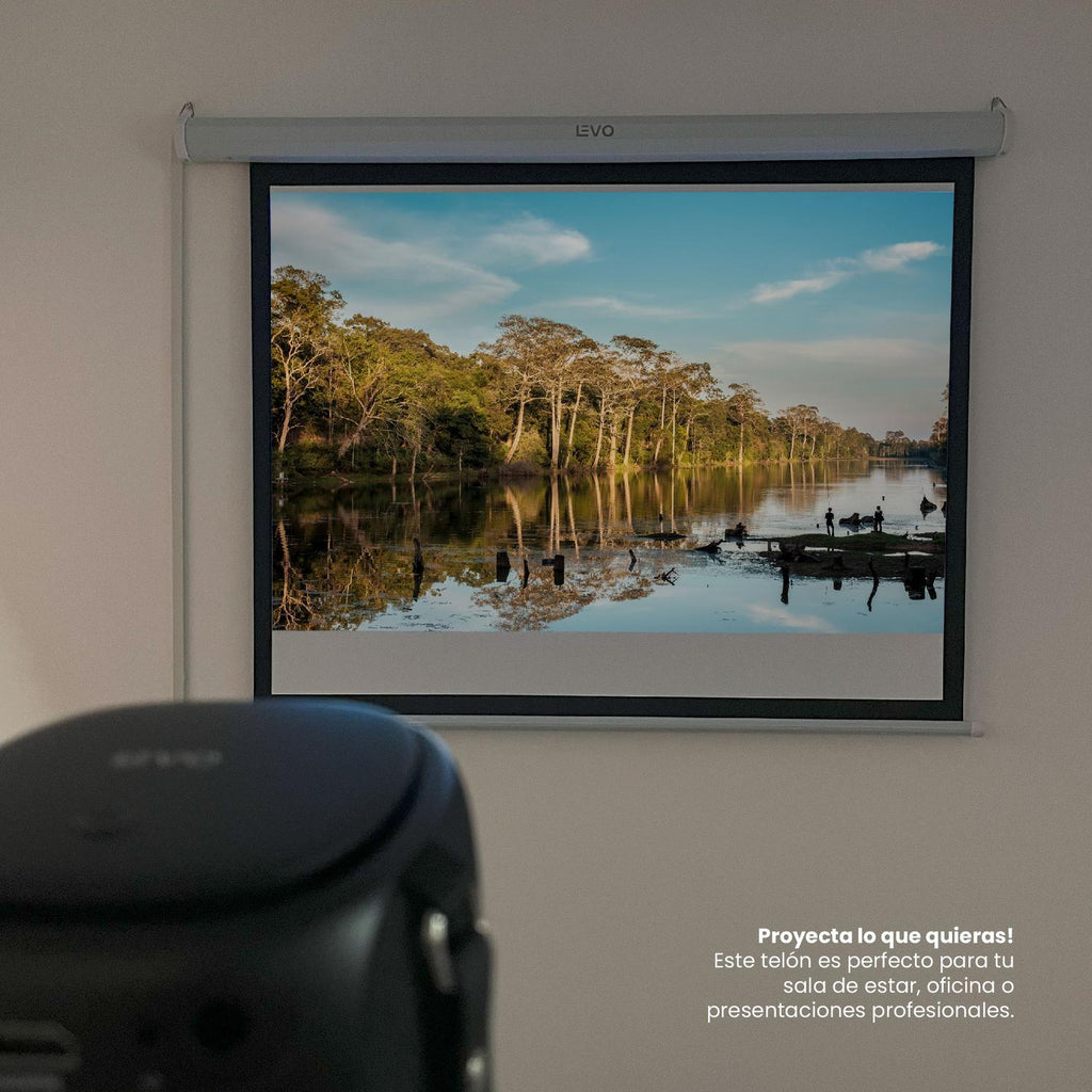 LEVO Telón Eléctrico 60 pulgadas — uso con proyector LEVO en sala oscurecida