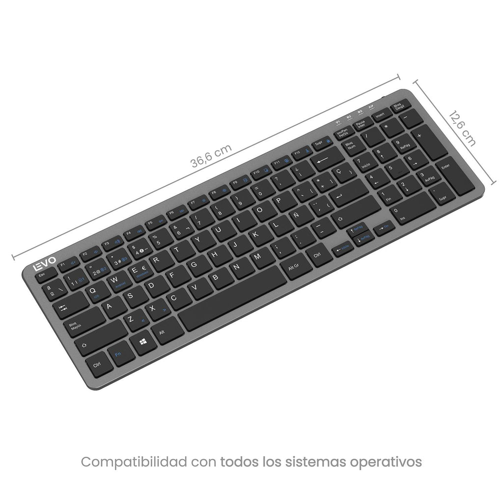 LEVO Cygna Slim — perfil lateral ultradelgado con teclas chiclet de bajo perfil