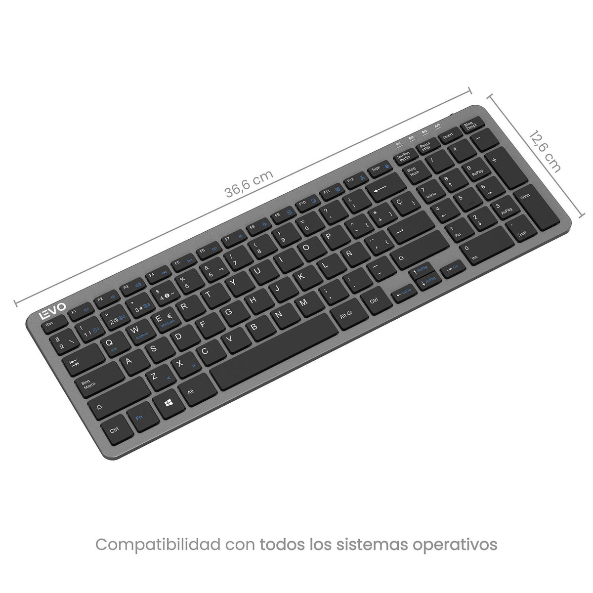 LEVO Cygna Slim — perfil lateral ultradelgado con teclas chiclet de bajo perfil