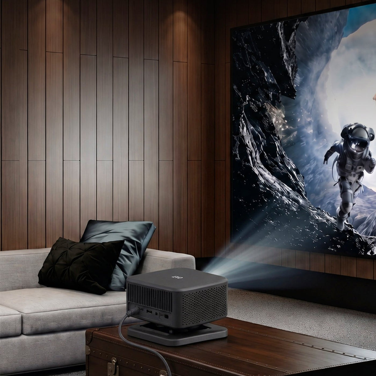 LEVO Proyector Portátil Smart Flux proyectando una película en el living