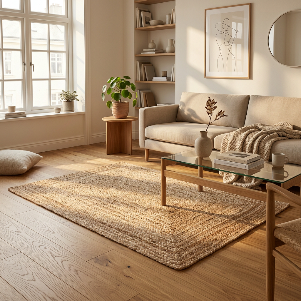 Alfombra Yute Natural 60x90cm en living moderno - Atmosphera Francia