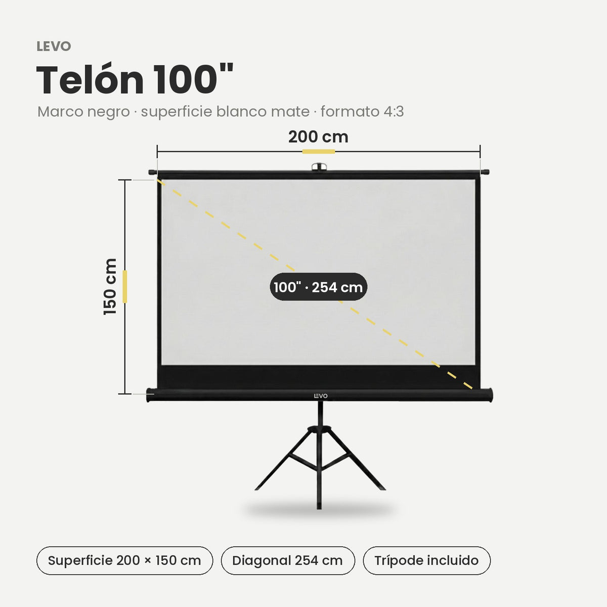 Negro / 100" · Medidas del telón LEVO 100" marco negro: 200 × 150 cm, diagonal 254 cm