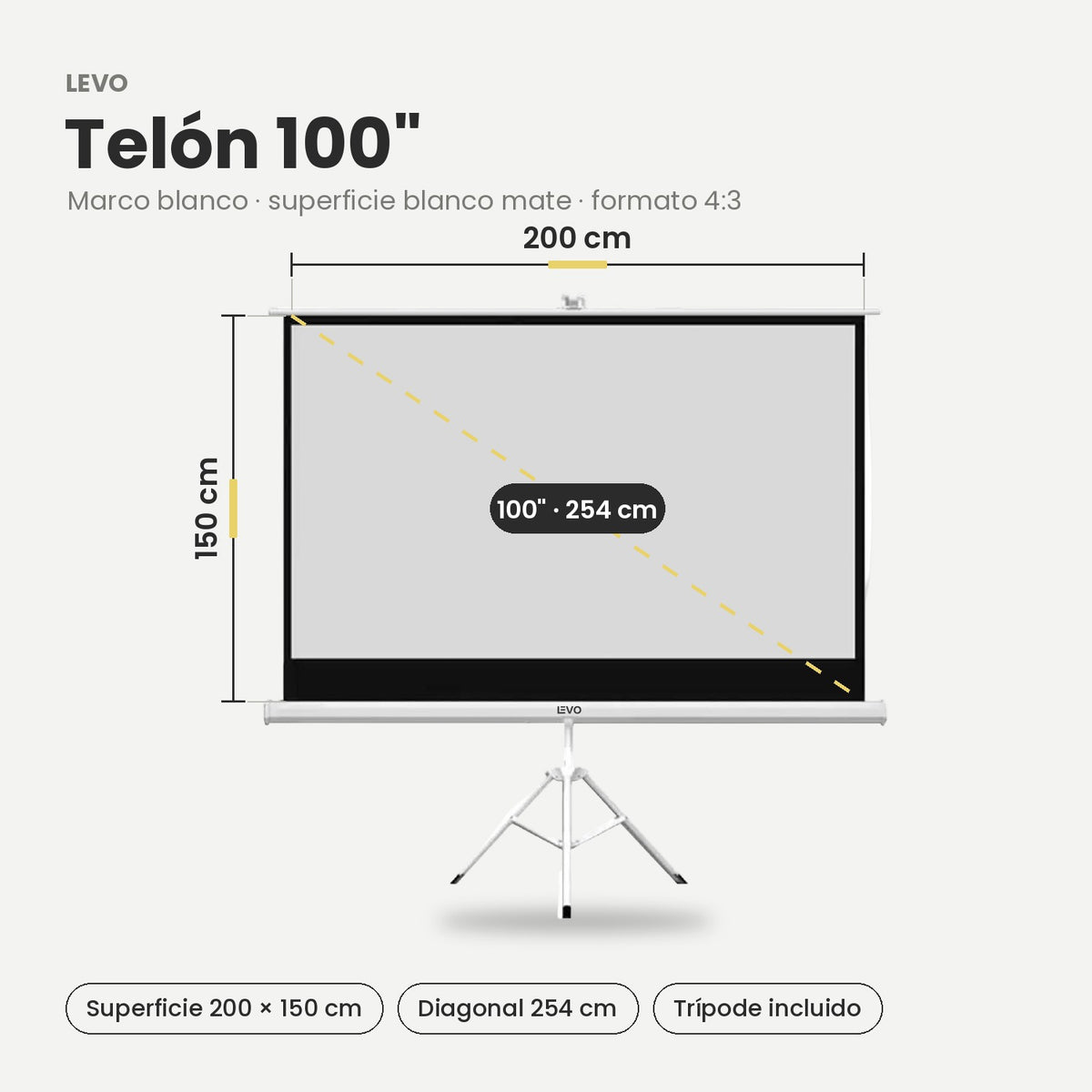 Blanco / 100" · Medidas del telón LEVO 100" marco blanco: 200 × 150 cm, diagonal 254 cm
