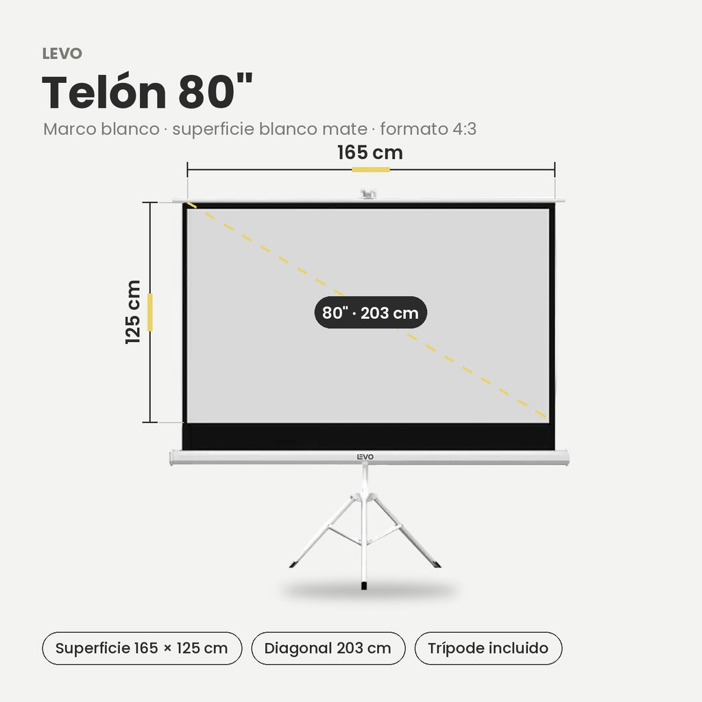Blanco / 80" · Medidas del telón LEVO 80" marco blanco: 165 × 125 cm, diagonal 203 cm
