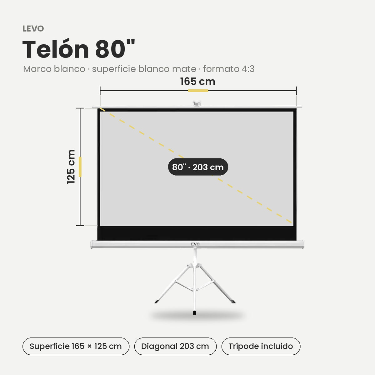 Blanco / 80" · Medidas del telón LEVO 80" marco blanco: 165 × 125 cm, diagonal 203 cm