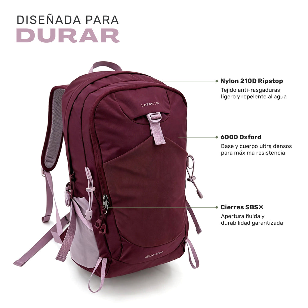 Mochila Outdoor DayPack Latok 25L Burdeo Lhotse, Nylon 210D Ripstop, 600D Oxford y cierres SBS