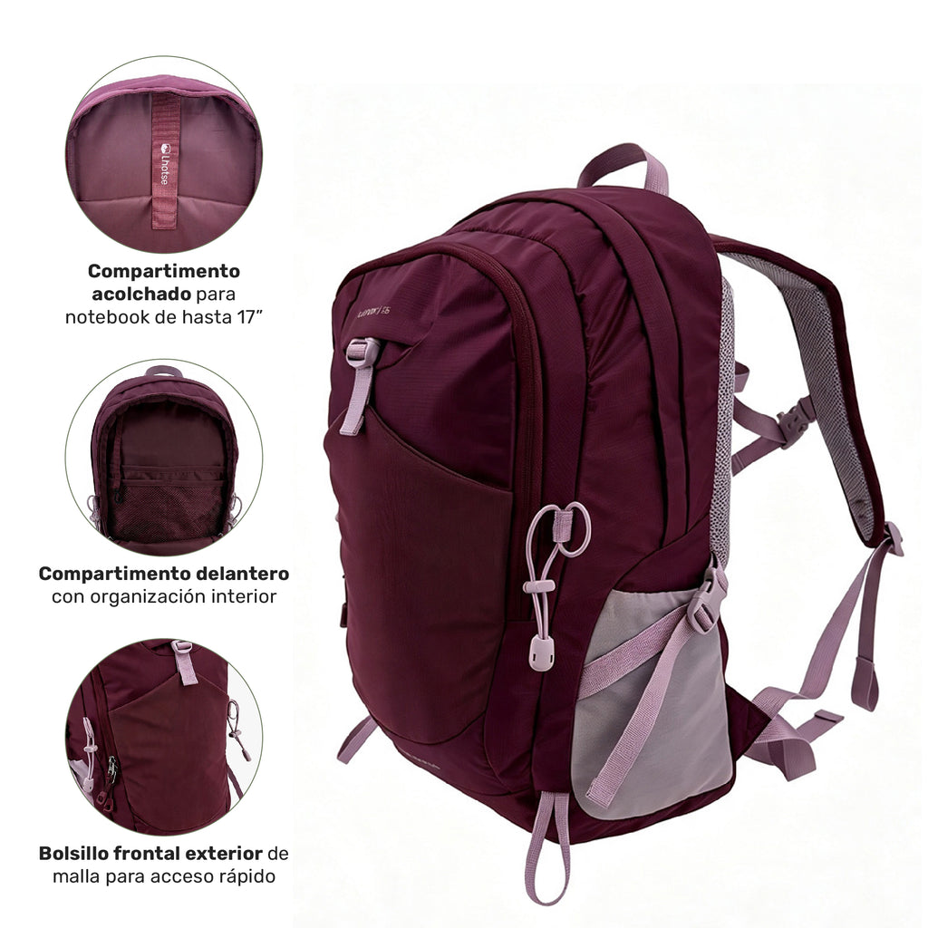 Mochila Outdoor DayPack Latok 25L Burdeo Lhotse, compartimento para notebook de 17" y bolsillos frontales