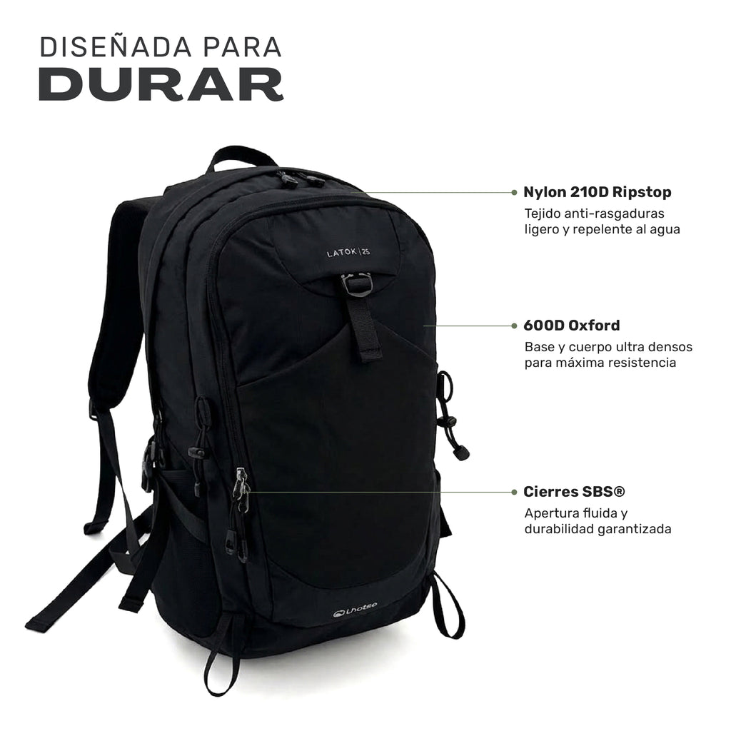 Mochila Outdoor DayPack Latok 25L Negro Lhotse, Nylon 210D Ripstop, 600D Oxford y cierres SBS