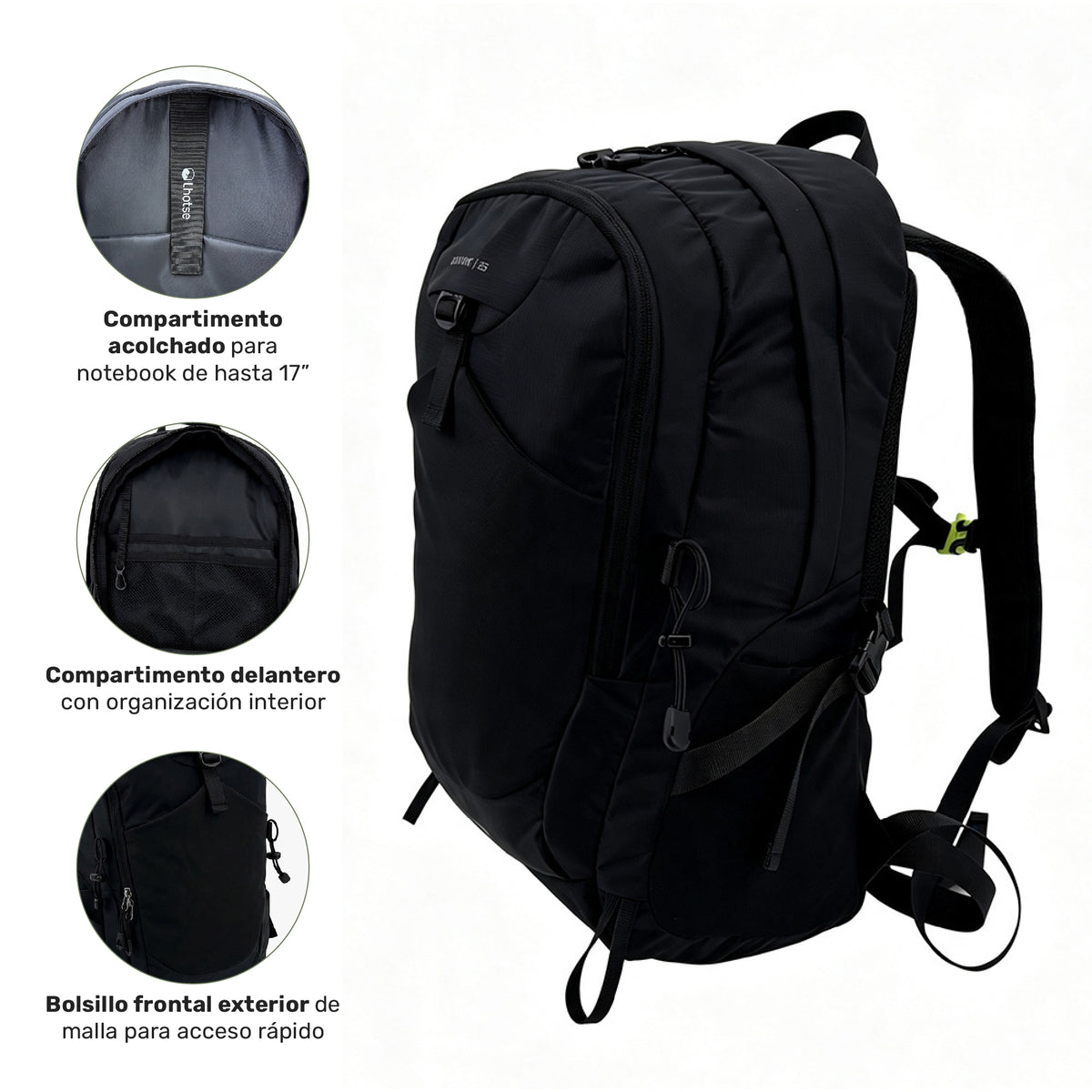 Mochila Outdoor DayPack Latok 25L Negro Lhotse, compartimento para notebook de 17" y bolsillos frontales
