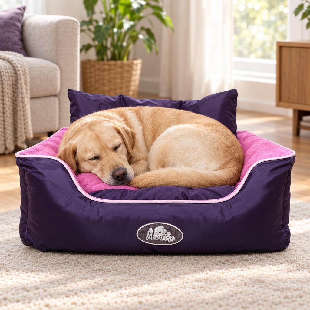 Cama Reversible Doble Color Perro Talla XL Morado Mascan en uso
