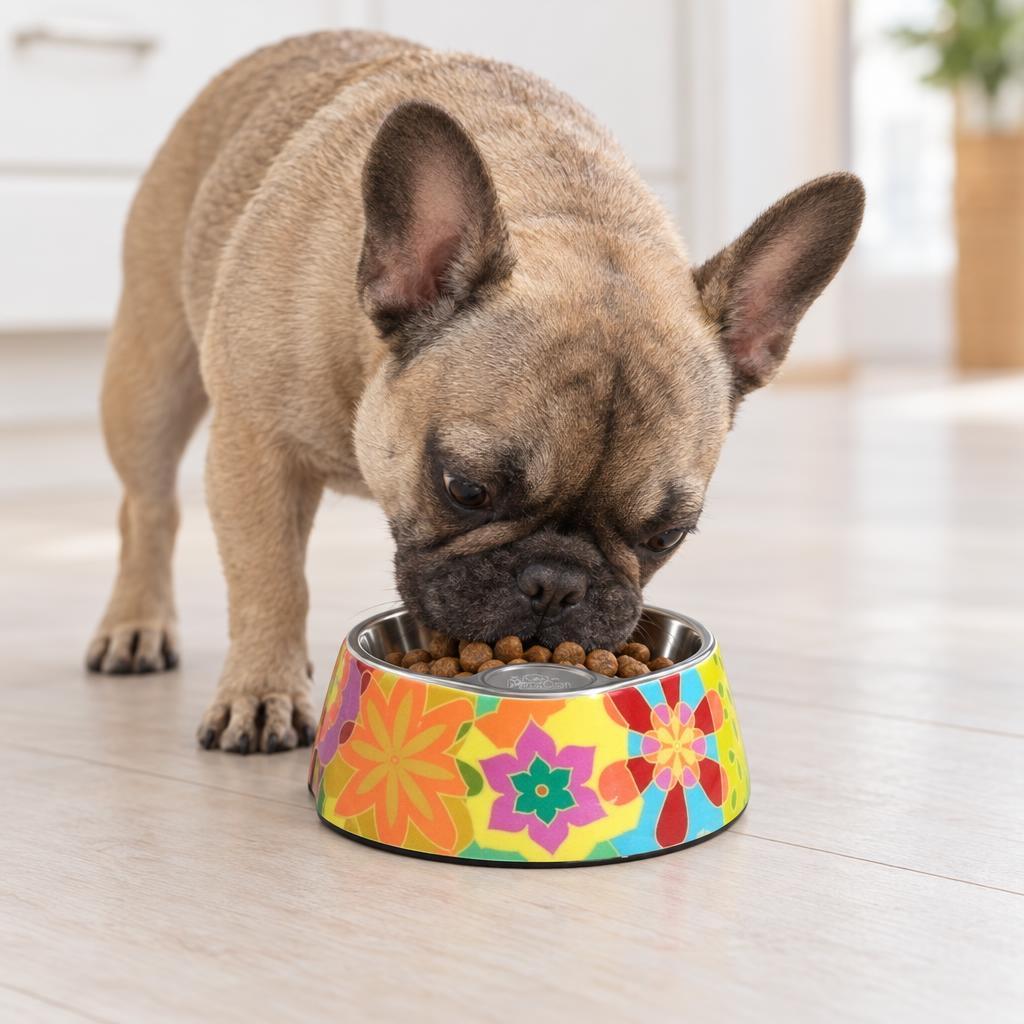 Plato Melamina Motivo Redondo Amarillo Talla S Perro Mascan en uso