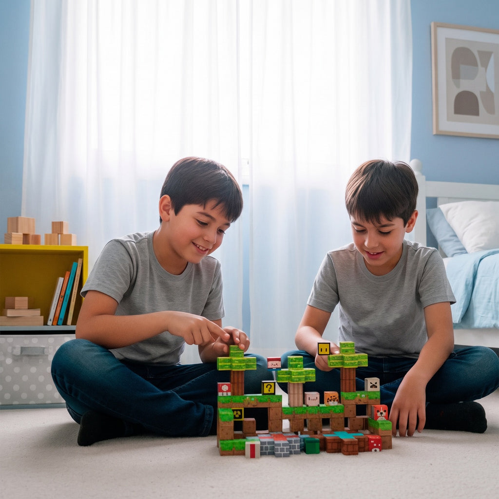 MineBlocks Mundo Bandú: dos niños armando un nivel sobre la alfombra