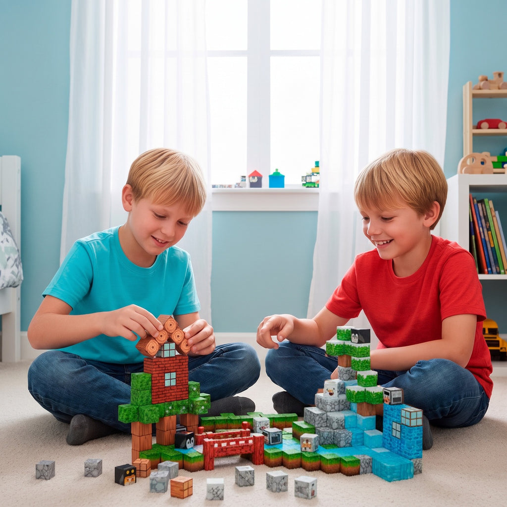 MineBlocks Aventura Bandú: dos niños armando una cabaña en el living