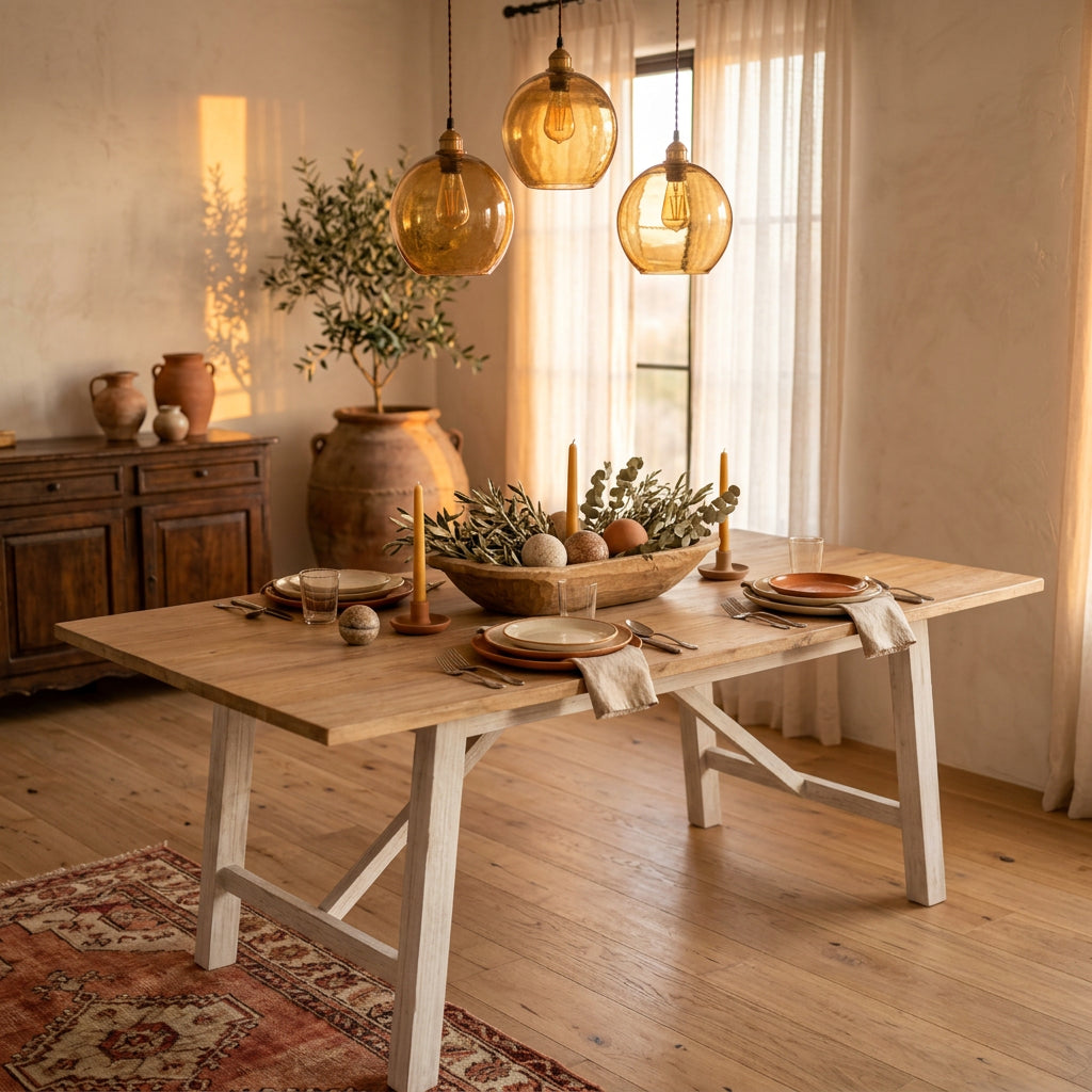 Mesa Comedor Olbia Atmosphera en comedor elegante con lamparas ambar y vajilla terracotta
